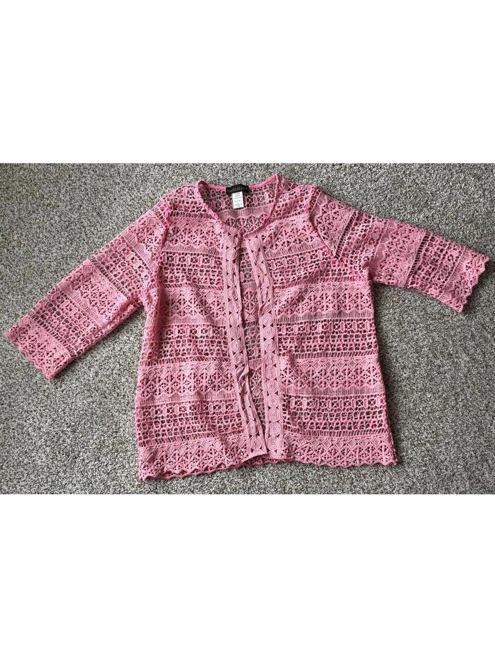 Pink Crochet Knit Open Front Cardigan Size Large Grandmacore Girly